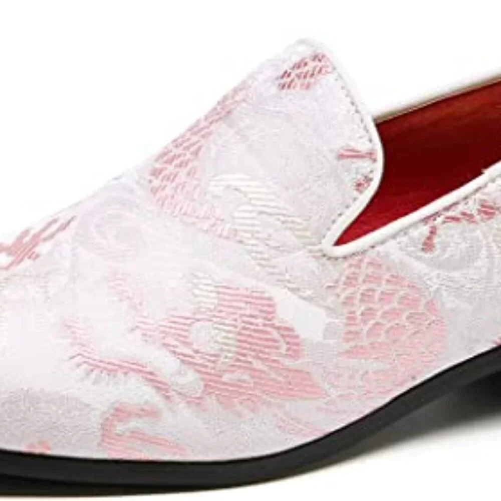 Santimon Men's US 7 - 12.5 Pink‎ Casual Embroidery Smoking Loafers Dress Shoes